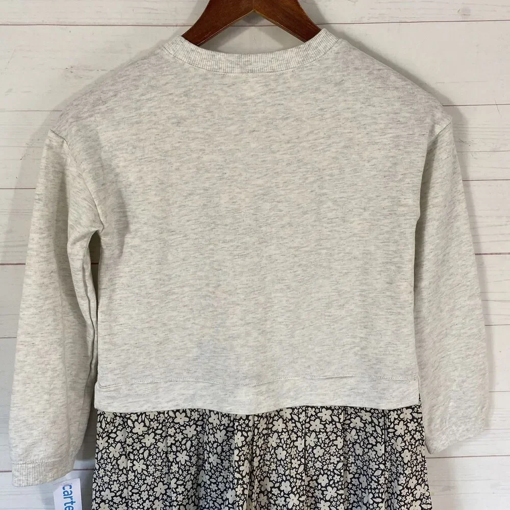 Carters Girls Long Sleeve Dress Size 10 Grey/Beige Floral Pullover Crew Neck New